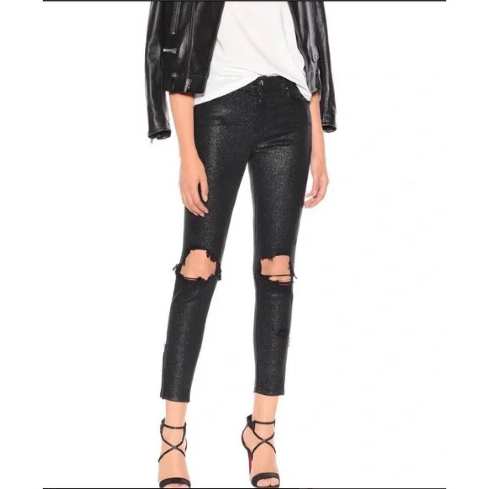 AMIRI Glitter Thrasher Skinny Jeans Black Size 25 Zip Hem Distressed